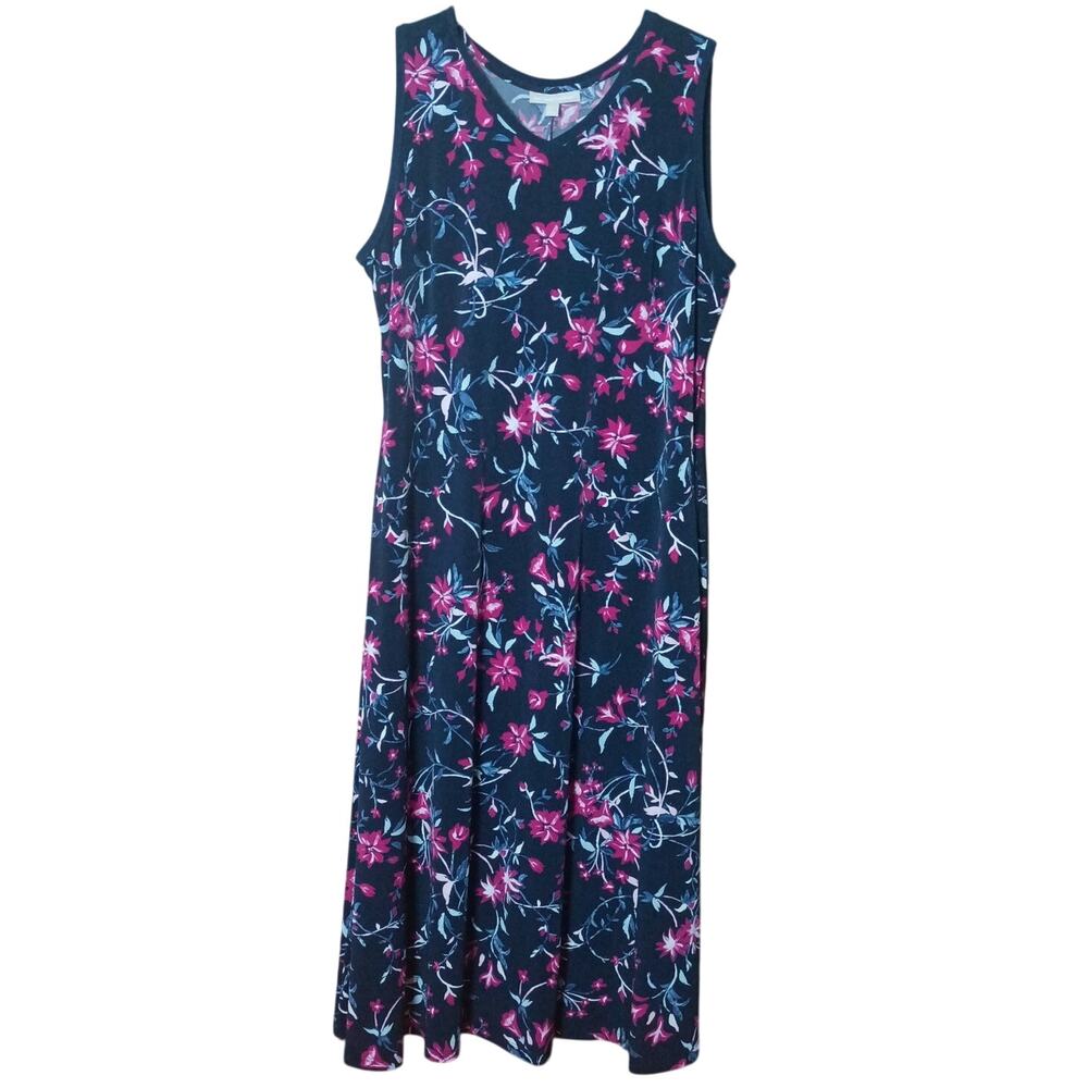 Woman Within 18/20 Blue Pink Floral Wide Strap Sleeveless Maxi Long Knit Dress